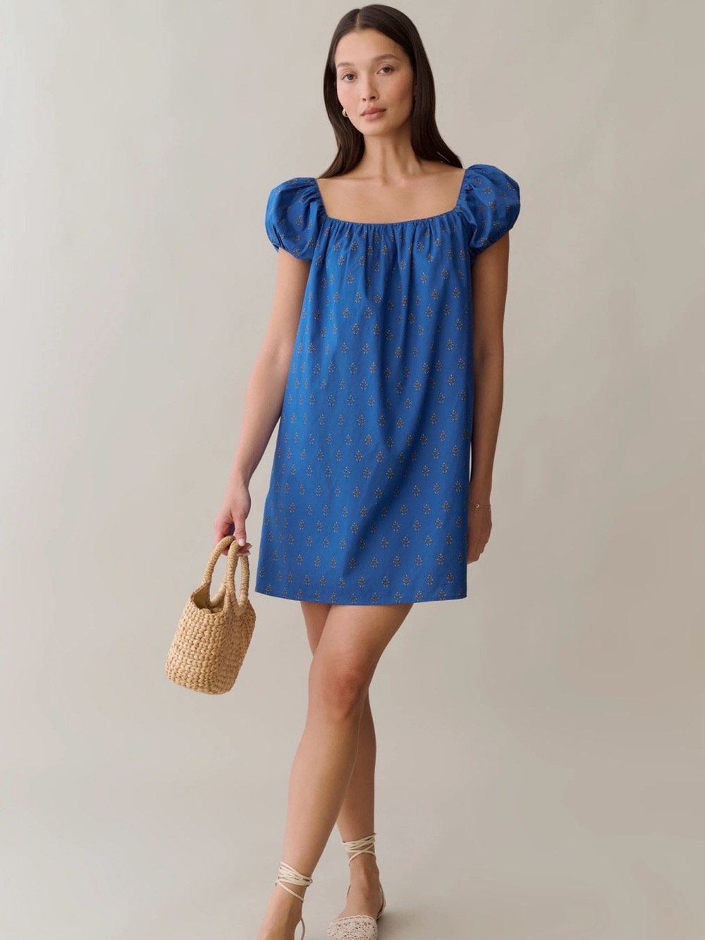 Square-Neck Puff-Sleeve Mini Dress in Blue